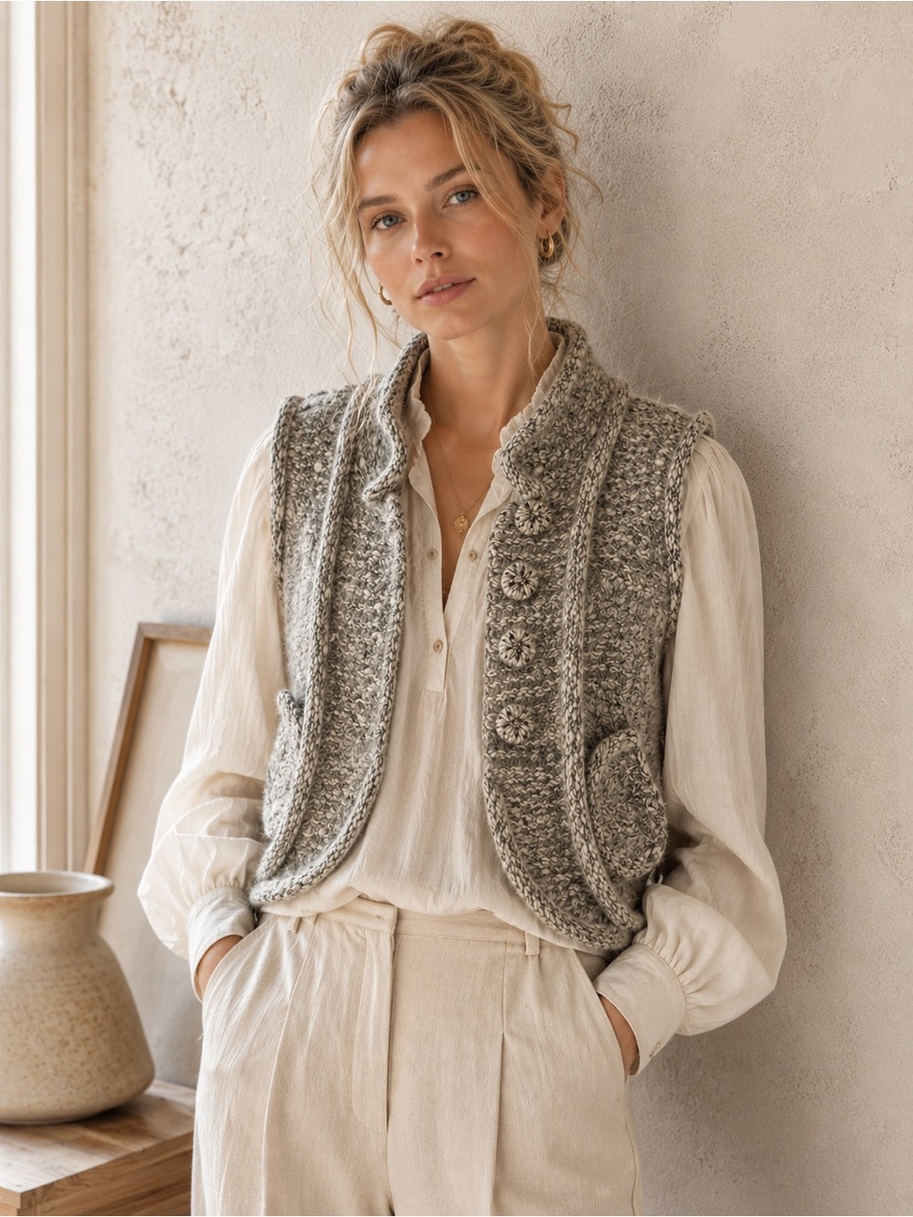 Mischen Alpaca Wool Knit Vest Cropped Nordic Button Front Boho Sweater ~ Med.